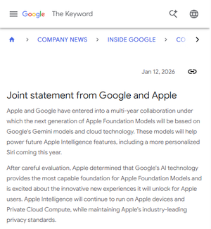Apple が Google と提携、Gemini を AI 基盤として採用